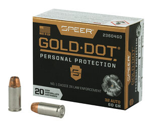 Speer Ammunition Speer Gold Dot Personal Protection 32ACP 60 Grain Hollow Point 20 Round Box 23604GD
