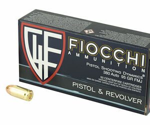 Fiocchi Ammunition Centerfire Pistol 380ACP 95 Grain FullMetal Jacket 50 Round Box 380AP