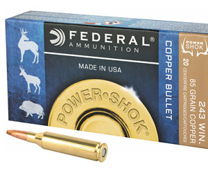 Federal PowerShok 243 Win 85 Grain Copper Lead Free 20 Round Box California Certified Nonlead Ammunition 24385LFA