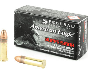 Federal American Eagle Suppressor Ammunition 22LR 45 Grain Copper Plated Lead Round Nose 50 Round Box AE22SUP1