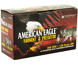 Federal American Eagle Varmint & Predator 308 Win 130 Grain Jacketed Hollow Point 40 Round Box AE308130VP