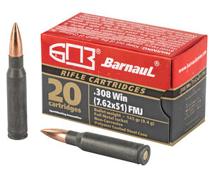 Barnaul Ammunition 308 Winchester 145Gr Full Metal Jacket Steel Polycoated Case 20 Rounds Box BRN308WINFMJ145
