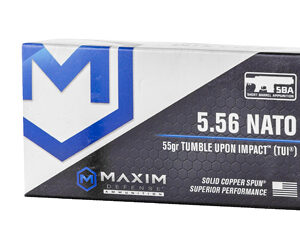 Maxim Defense Industries SBA Short Barrel Ammunition 556NATO 55 Grain Solid Copper Bullet TUI (Tumble Upon Impact) Design 20 Round Box MXM-49000