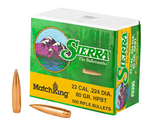 Sierra Bullets – Reloading MatchKing .224 Diameter 22 Caliber 80 Grain Hollow Point Boat Tail 500 Count 9390